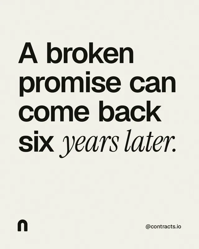 Instagram portrait post for contracts.io: "A broken promise can come back six years later." Editorial style, technique:mixed type lockup layout, light palette in white, grey.