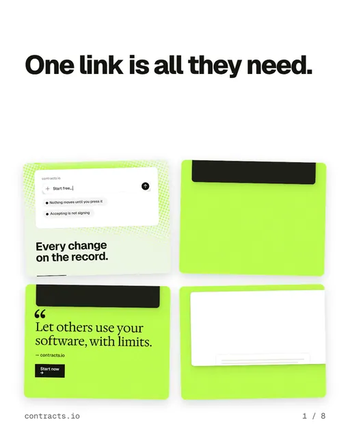 Carousel for contracts.io: "One link is all they need.". Collection carousel, 8 slides, light palette.