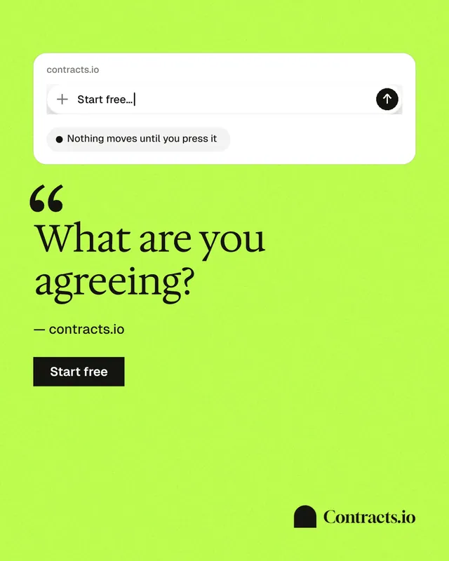 Instagram portrait post for contracts.io: "What are you agreeing?" Swiss style, quote layout, light palette in green.