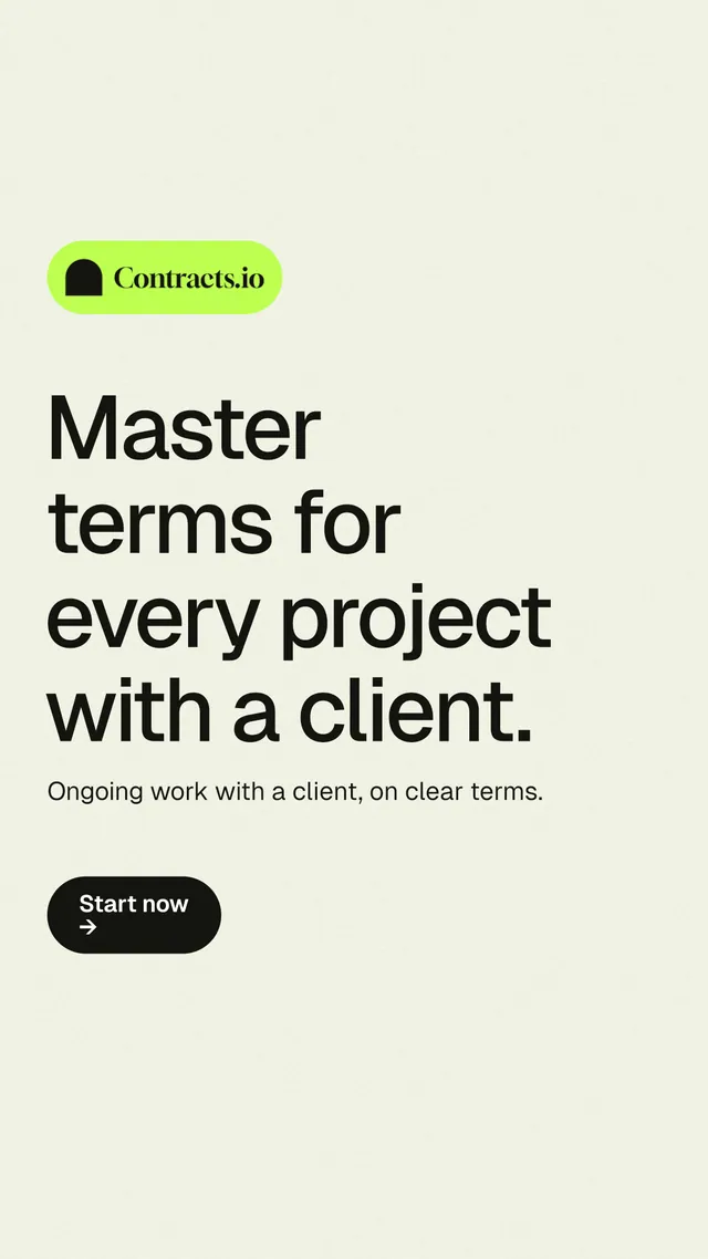 Instagram story for contracts.io: "Master terms for every project with a client." Data card style, announce layout, light palette in white, yellow, grey.