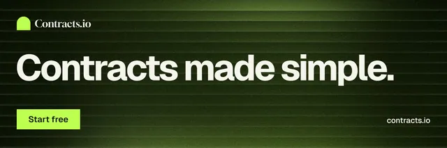 X header for contracts.io: "Contracts made simple." Swiss style, poster layout, dark palette in black, green.