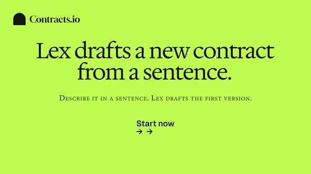 Landscape graphic for contracts.io: "Lex drafts a new contract from a sentence." Swiss style, smallcaps layout, light palette in green.