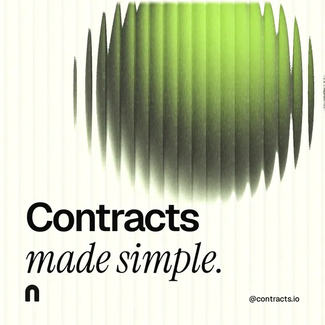 Instagram post for contracts.io: "Contracts made simple." Auto 1x1 style, technique:shader field layout, light palette in grey, white, green.