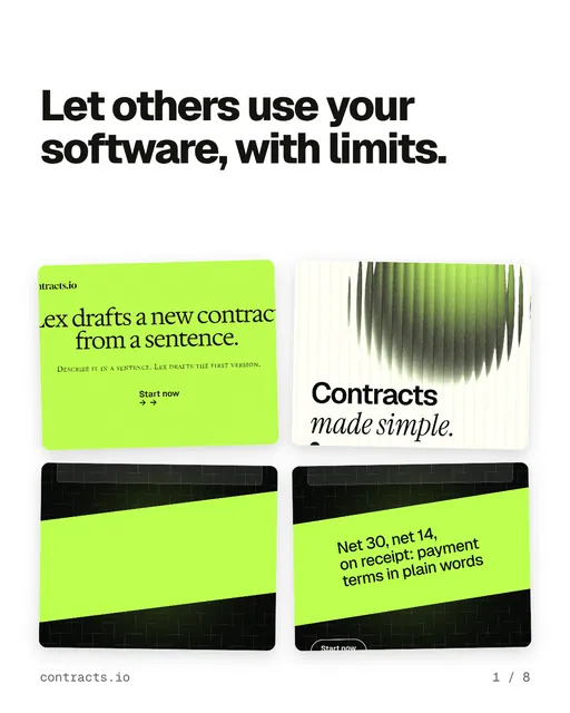 Carousel for contracts.io: "Let others use your software, with limits.". Collection carousel, 8 slides, light palette.
