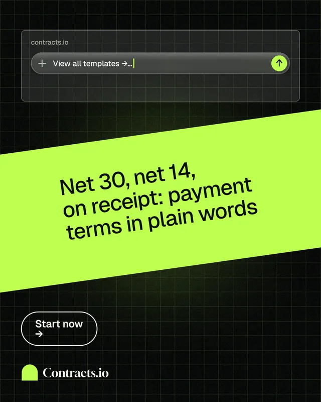 Instagram portrait post for contracts.io: "Net 30, net 14, on receipt: payment terms in plain words". Phosphor atlas style, diagonal layout, dark palette in green, black.