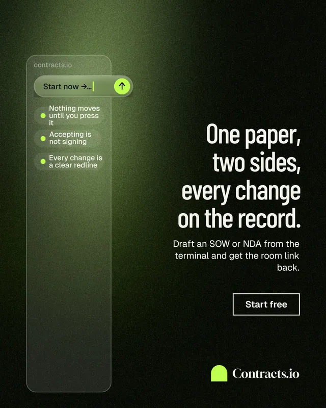 Instagram portrait post for contracts.io: "One paper, two sides, every change on the record." Dark deco style, right layout, dark palette in green, black.