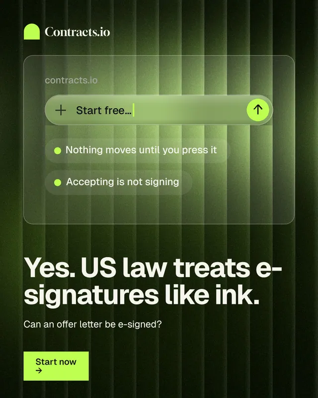 Instagram portrait post for contracts.io: "Yes. US law treats e-signatures like ink." Swiss style, bottom layout, dark palette in black, green.