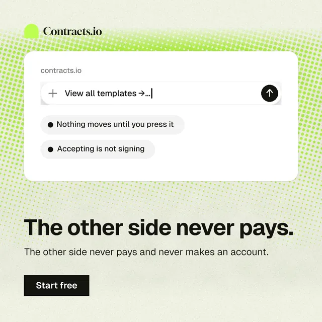 Instagram post for contracts.io: "The other side never pays." Swiss style, bottom layout, light palette in white, green, grey.