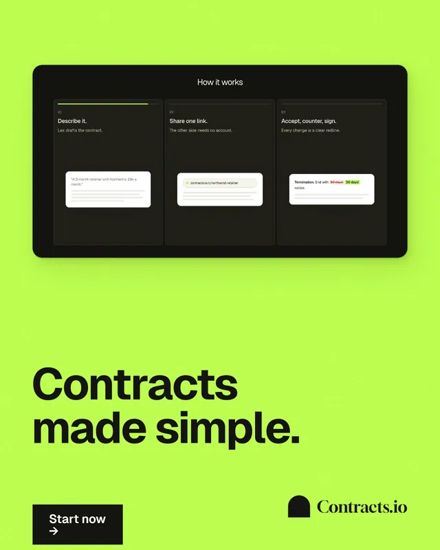 Instagram portrait post for contracts.io: "Contracts made simple." Swiss style, bottom layout, light palette in black, green.