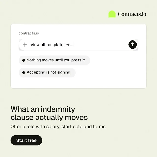 Instagram post for contracts.io: "What an indemnity clause actually moves". Data card style, bottom layout, light palette in white.
