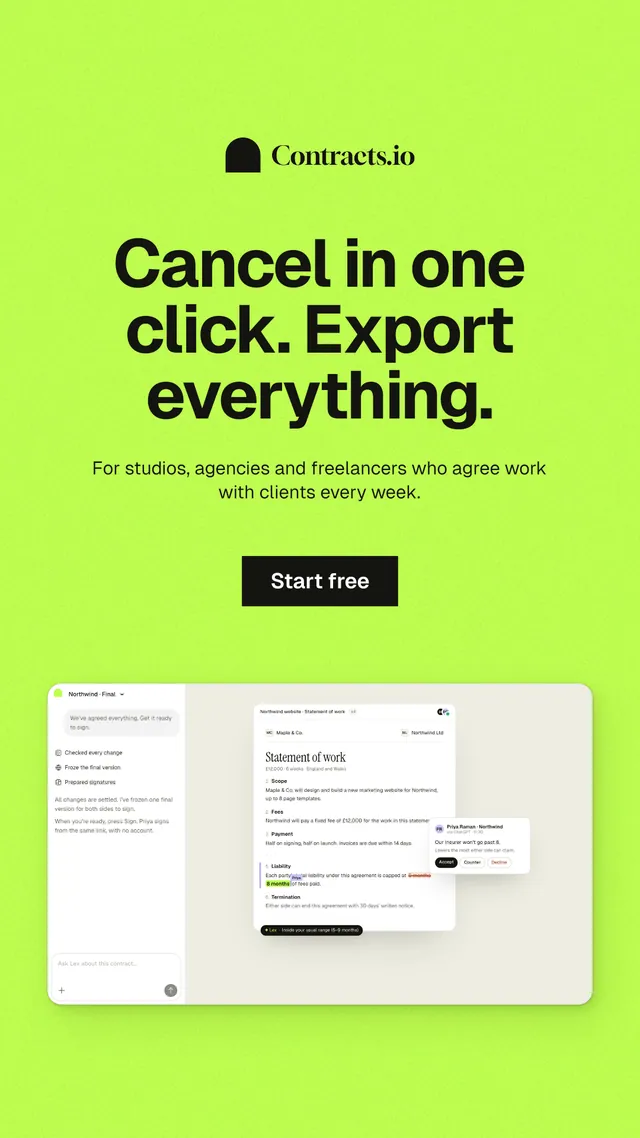Instagram story for contracts.io: "Cancel in one click. Export everything." Swiss style, centred layout, light palette in green.