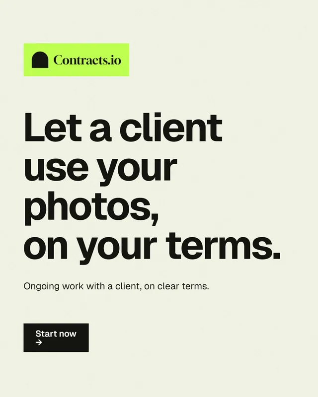 Instagram portrait post for contracts.io: "Let a client use your photos, on your terms." Swiss style, announce layout, light palette in white, yellow, grey.