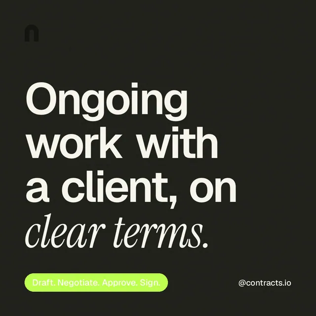 Instagram post for contracts.io: "Ongoing work with a client, on clear terms." Caption style, technique:mixed type lockup layout, dark palette in black, green.