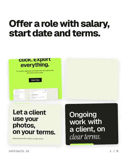 Carousel for contracts.io: "Offer a role with salary, start date and terms.". Collection carousel, 8 slides, light palette.