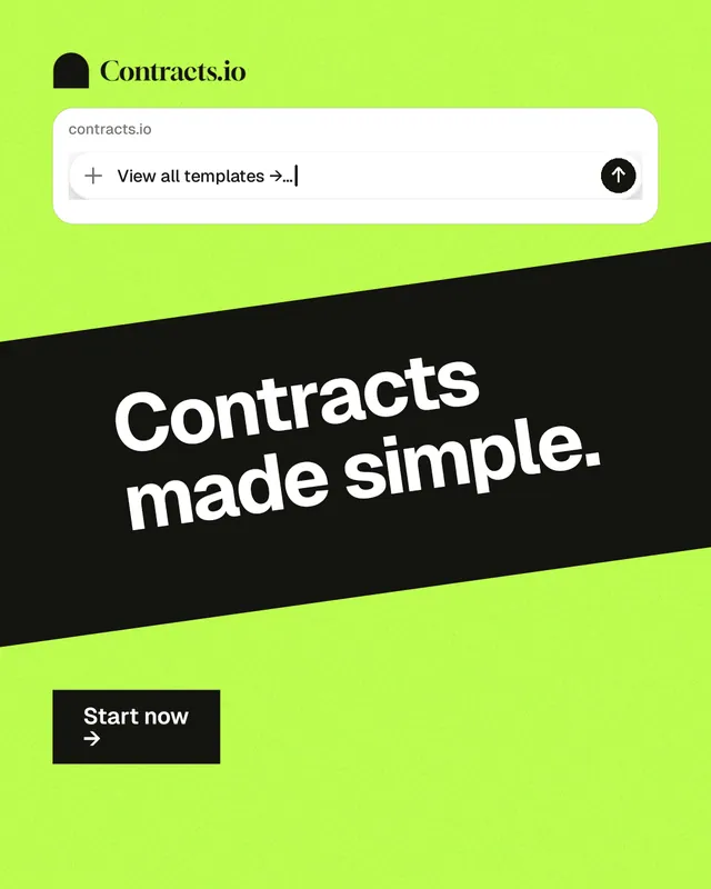 Instagram portrait post for contracts.io: "Contracts made simple." Swiss style, diagonal layout, light palette in green, black.