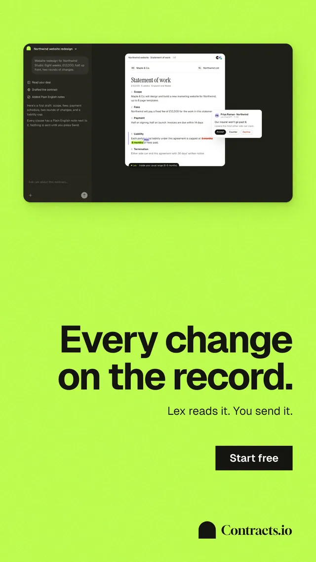 Instagram story for contracts.io: "Every change on the record." Swiss style, right layout, light palette in green.