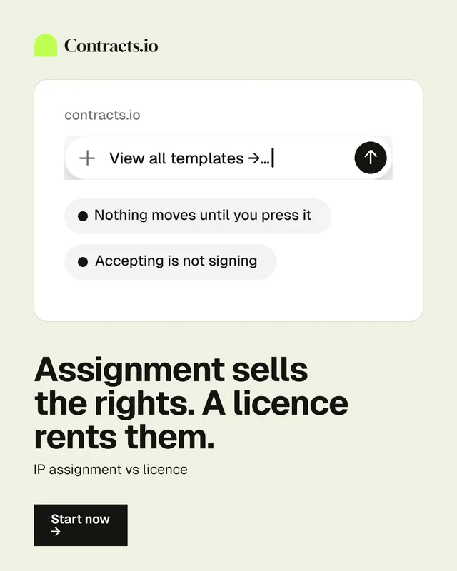 Instagram portrait post for contracts.io: "Assignment sells the rights. A licence rents them." Swiss style, bottom layout, light palette in white, grey.