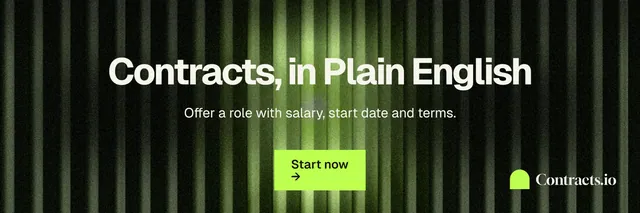 X header for contracts.io: "Contracts, in Plain English". Swiss style, centred layout, dark palette in black, green.