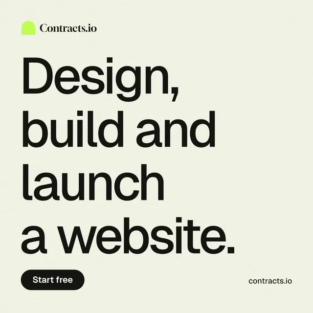 Instagram post for contracts.io: "Design, build and launch a website." Data card style, poster layout, light palette in white, grey, yellow.