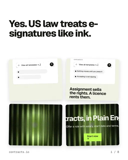 Carousel for contracts.io: "Yes. US law treats e-signatures like ink.". Collection carousel, 8 slides, light palette.