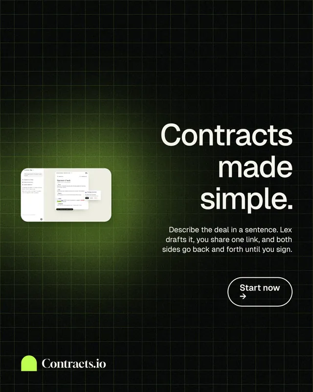 Instagram portrait post for contracts.io: "Contracts made simple." Phosphor atlas style, right layout, dark palette in black, grey.