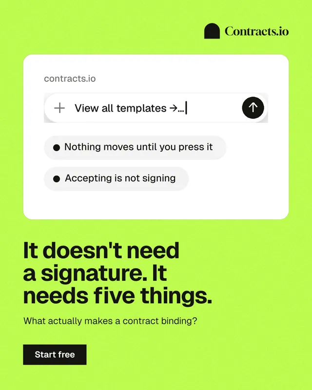 Instagram portrait post for contracts.io: "It doesn't need a signature. It needs five things." Swiss style, bottom layout, light palette in green, white.