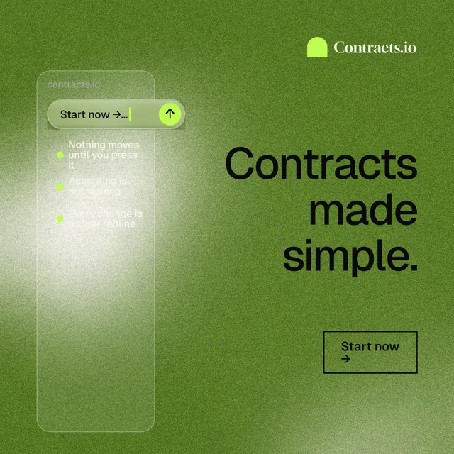 Instagram post for contracts.io: "Contracts made simple." Cyanotype style, right layout, light palette in green.