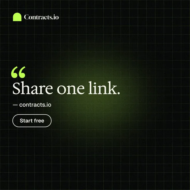 Instagram post for contracts.io: "Share one link." Phosphor atlas style, quote layout, dark palette in black, green.