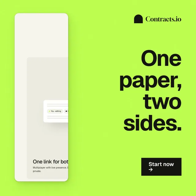 Instagram post for contracts.io: "One paper, two sides." Swiss style, right layout, light palette in green.