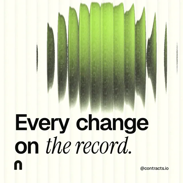 Instagram post for contracts.io: "Every change on the record." Auto 1x1 style, technique:shader field layout, light palette in white, grey, green.