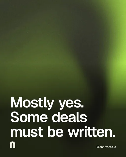Video for contracts.io: "Mostly yes. Some deals must be written.". Shader loop, 6.0 s, dark palette.