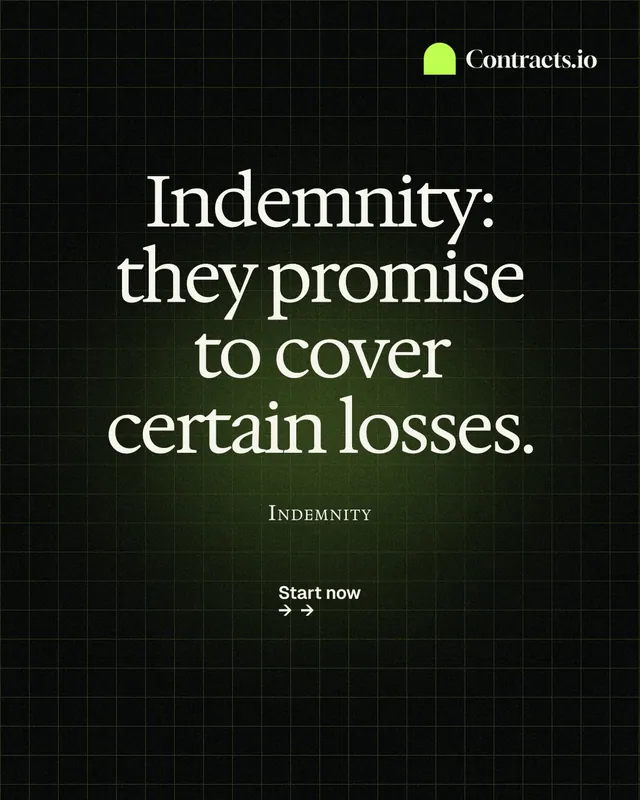 Instagram portrait post for contracts.io: "Indemnity: they promise to cover certain losses." Phosphor atlas style, smallcaps layout, dark palette in black, grey.