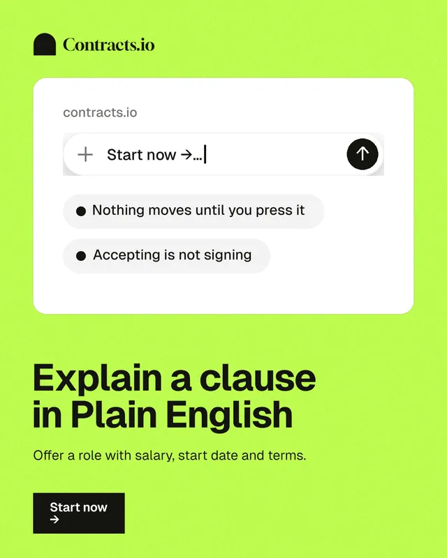 Instagram portrait post for contracts.io: "Explain a clause in Plain English". Swiss style, bottom layout, light palette in green, white.