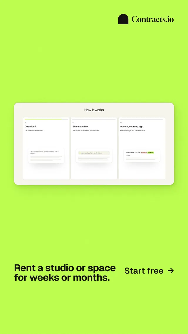 Instagram story for contracts.io: "Rent a studio or space for weeks or months." Swiss style, image led layout, light palette in green, white.