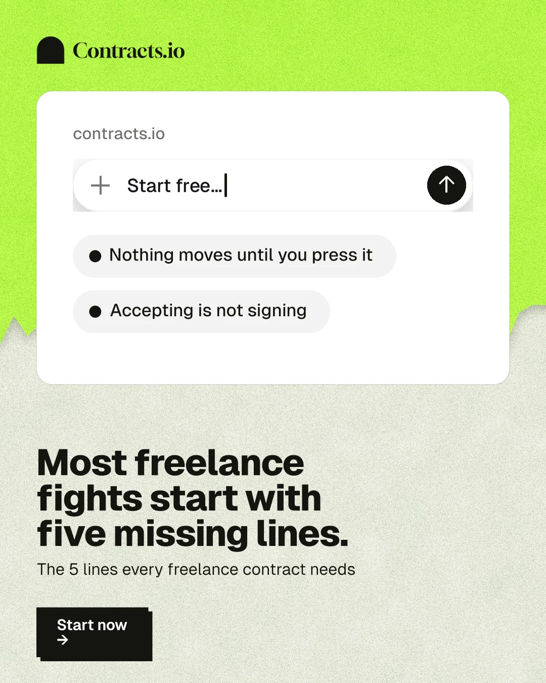 Instagram portrait post for contracts.io: "Most freelance fights start with five missing lines." Paper trio style, bottom layout, light palette in white, green, grey.