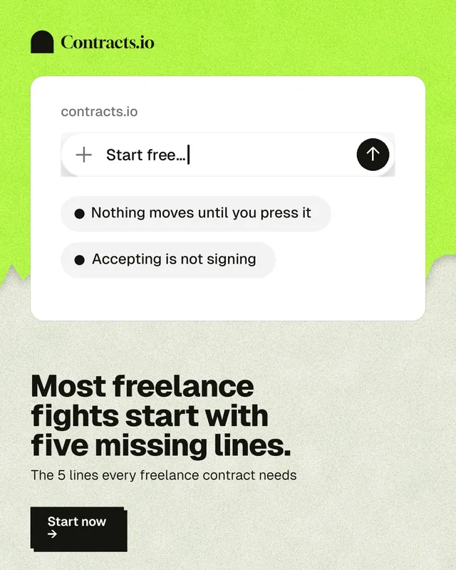 Instagram portrait post for contracts.io: "Most freelance fights start with five missing lines." Paper trio style, bottom layout, light palette in white, green, grey.