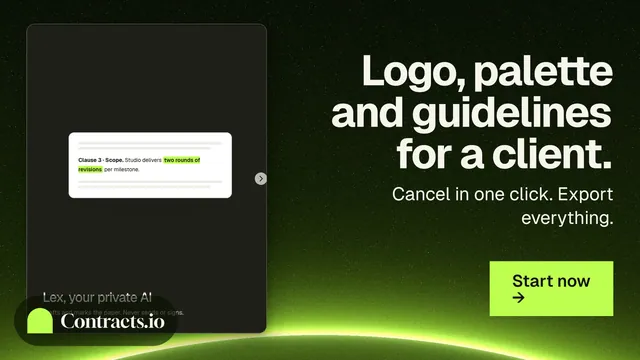 Landscape graphic for contracts.io: "Logo, palette and guidelines for a client." Swiss style, right layout, dark palette in black, green.