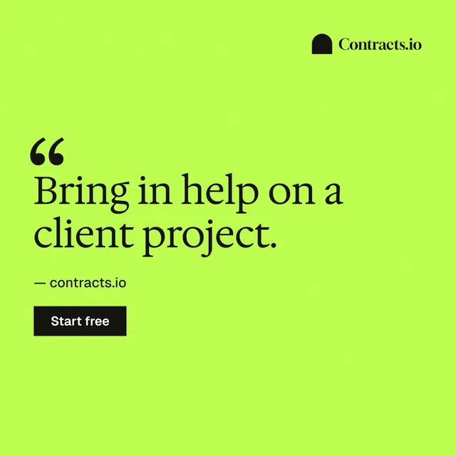 Instagram post for contracts.io: "Bring in help on a client project." Swiss style, quote layout, light palette in green.
