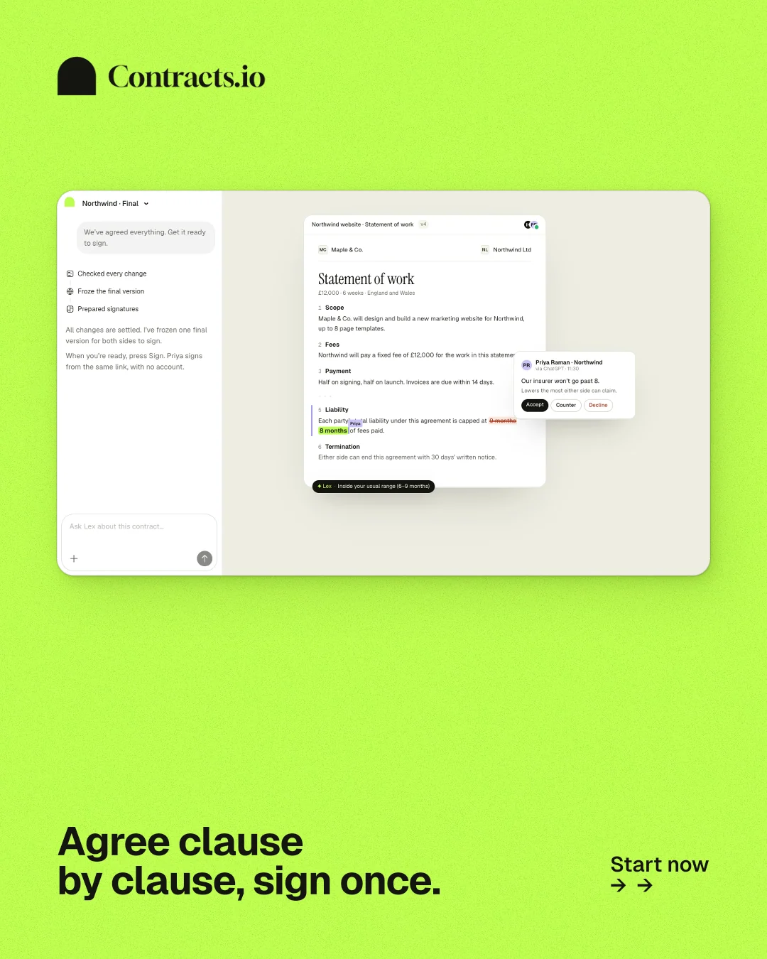 Instagram portrait post for contracts.io: "Agree clause by clause, sign once." Swiss style, image led layout, light palette in green.