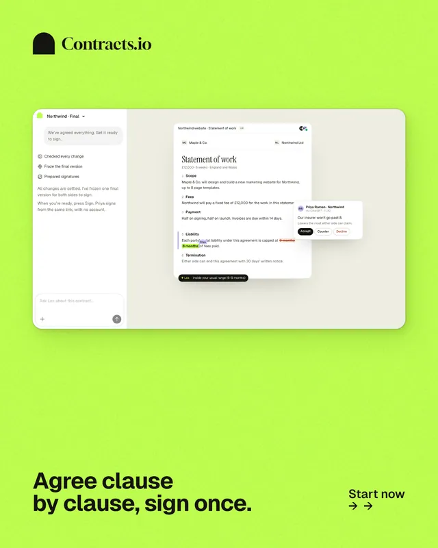 Instagram portrait post for contracts.io: "Agree clause by clause, sign once." Swiss style, image led layout, light palette in green.