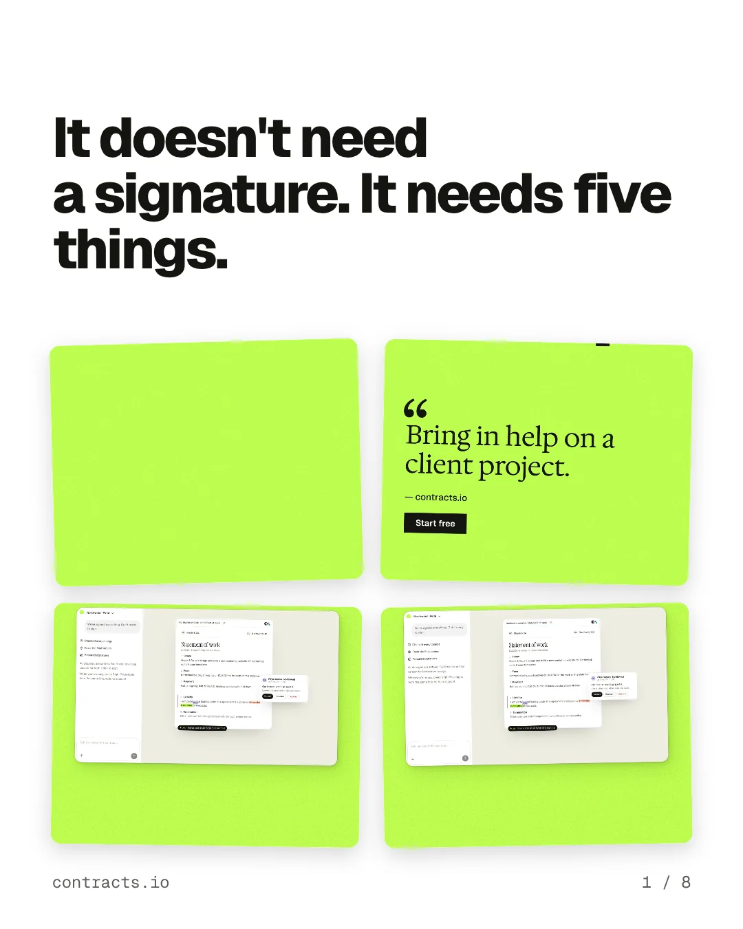Carousel for contracts.io: "It doesn't need a signature. It needs five things.". Collection carousel, 8 slides, light palette.