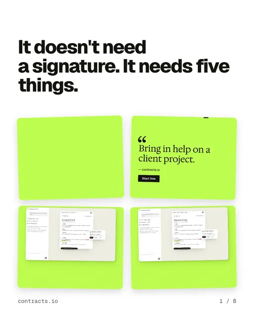 Carousel for contracts.io: "It doesn't need a signature. It needs five things.". Collection carousel, 8 slides, light palette.