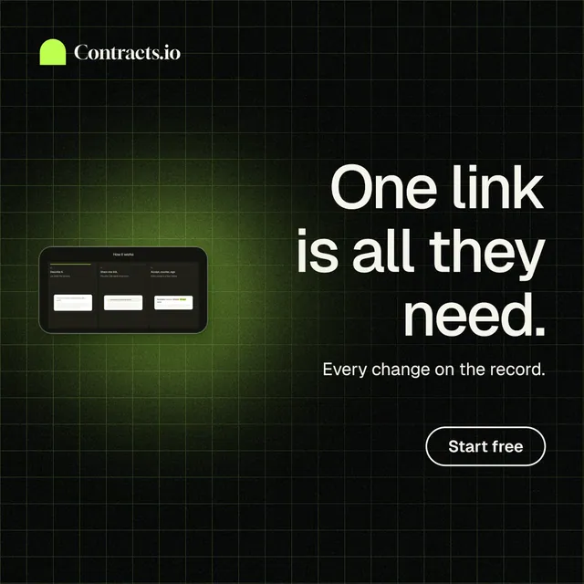 Instagram post for contracts.io: "One link is all they need." Phosphor atlas style, right layout, dark palette in black, green.