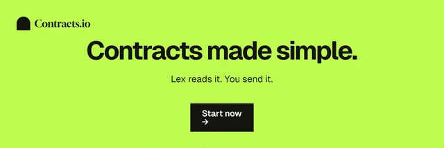X header for contracts.io: "Contracts made simple." Swiss style, centred layout, light palette in green.