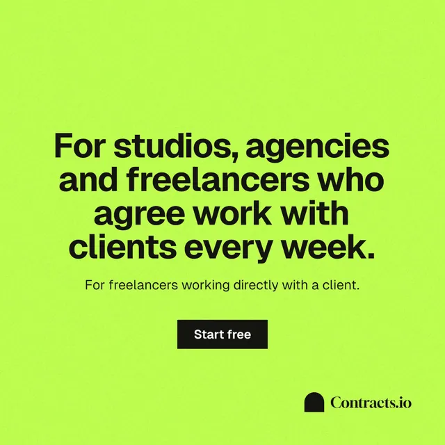 Instagram post for contracts.io: "For studios, agencies and freelancers who agree work with clients every week." Swiss style, centred layout, light palette in green.