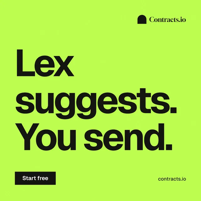 Instagram post for contracts.io: "Lex suggests. You send." Swiss style, poster layout, light palette in green.
