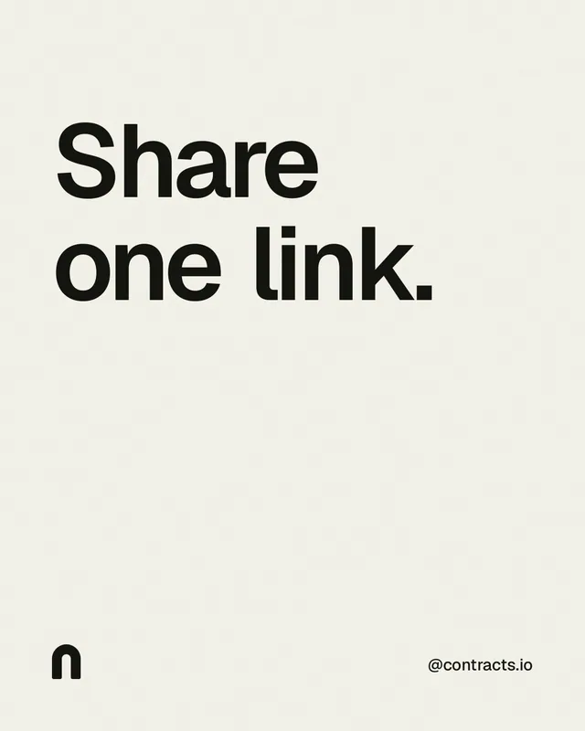 Instagram portrait post for contracts.io: "Share one link." Editorial style, technique:mixed type lockup layout, light palette in white, grey.