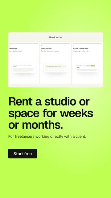 Video for contracts.io: "Rent a studio or space for weeks or months.". Doc motion loop, 7.0 s, light palette.
