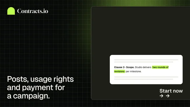 Landscape graphic for contracts.io: "Posts, usage rights and payment for a campaign." Phosphor atlas style, image led layout, dark palette in black, grey.