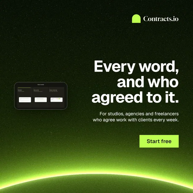 Instagram post for contracts.io: "Every word, and who agreed to it." Swiss style, right layout, dark palette in green, black.